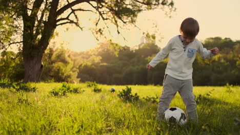 In-slow-motion-the-boy-plays-funny-with-a-soccer-ball-in-a-meadow-at-sunset